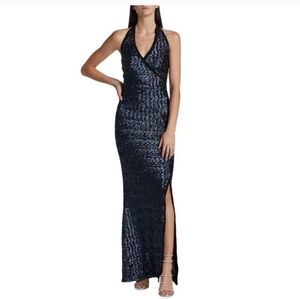 Chiara Boni Midnight Blue Halter Sequin Gown Size 8 NWT